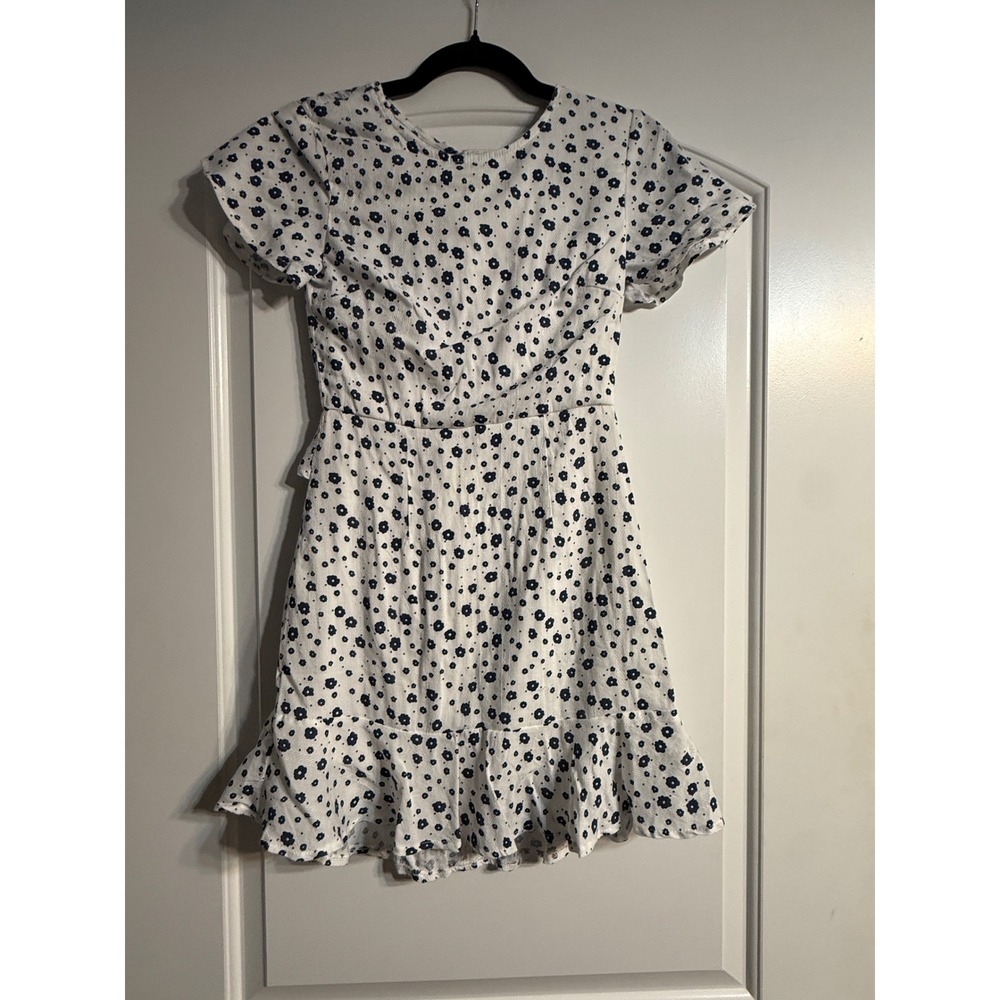 Polly Mini Dress 4 White Navy Floral Ruffle Open Back Cottagecore Boho Dainty